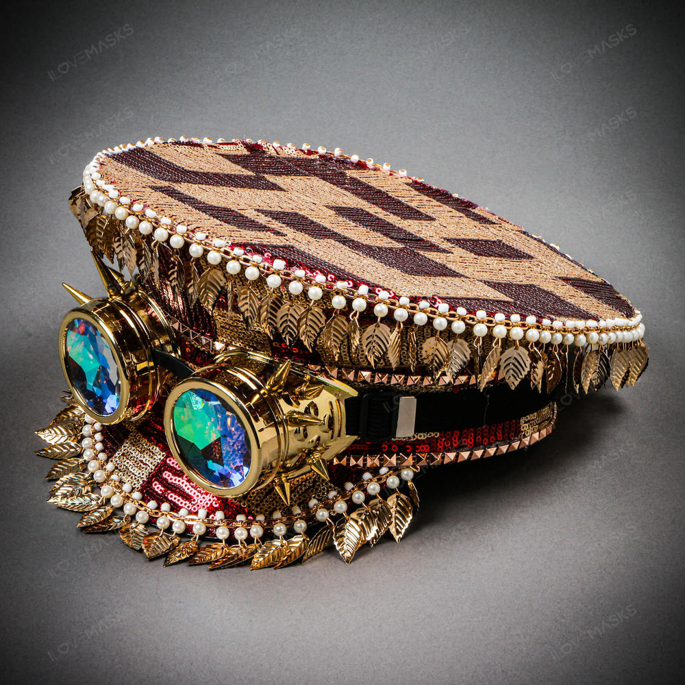 Steampunk Burning Man Party Captain Hat w/ Kaleidoscope 3D Goggles Red Gold